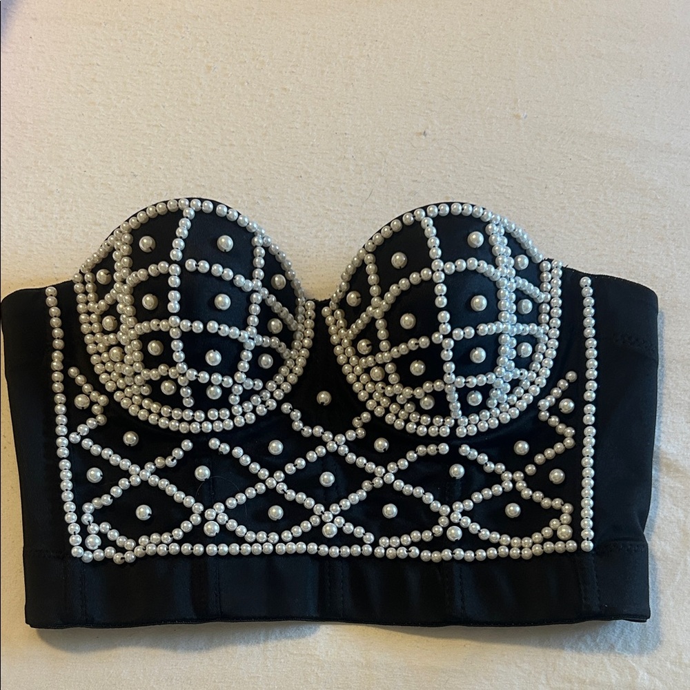 Strapless Black Bustier with Pearl Embellishments